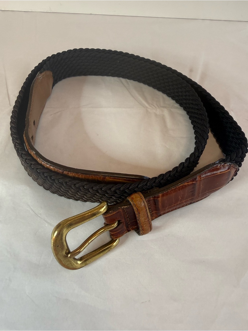 Brighton Black Braided Belt with Brown Leather and Gold Buckle